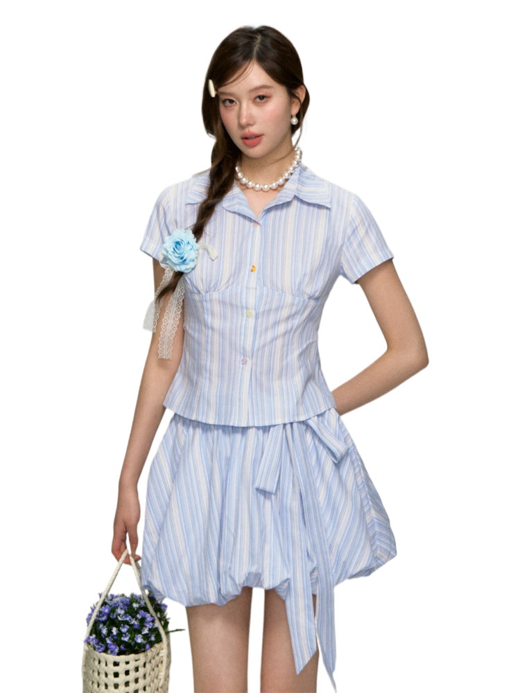 Colorful Buttons Striped College - Style Shirt &amp; Skirt Set