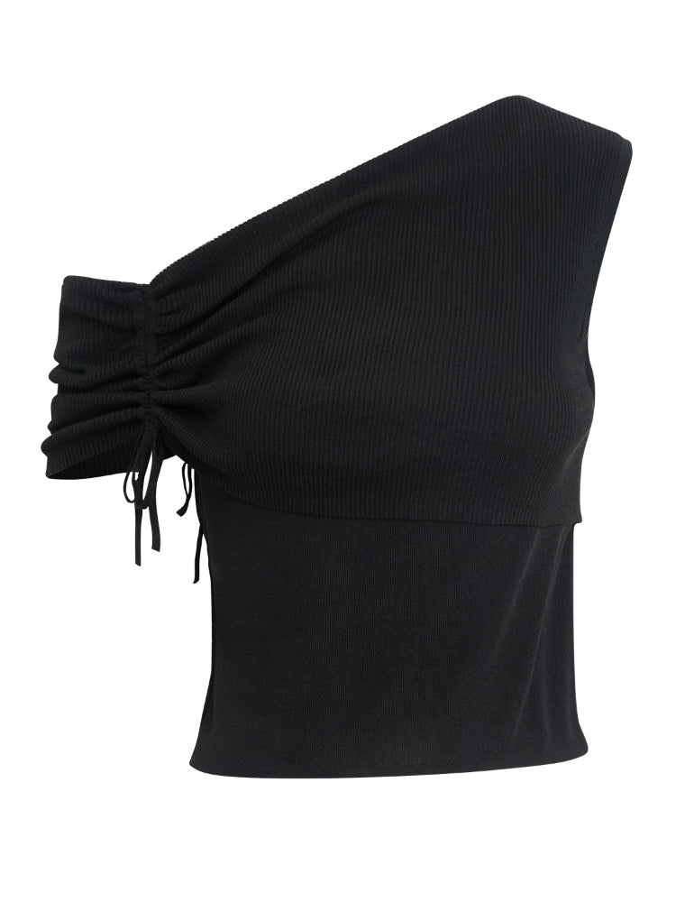 Asymmetric Drawstring Ruched One-Shoulder Tank Top