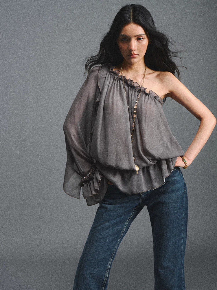 Turquoise One-Shoulder Chiffon Blouse
