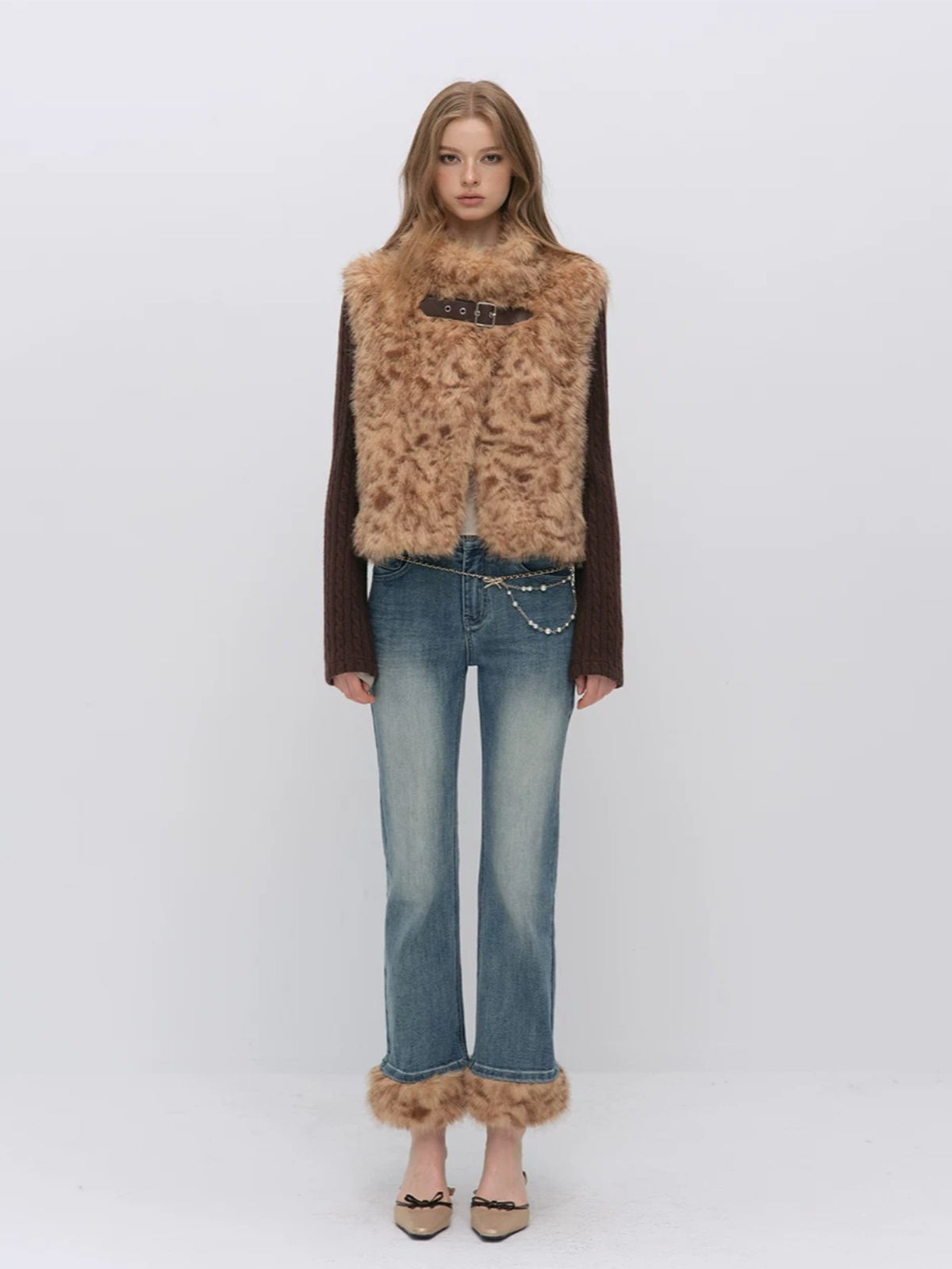 Leopard Faux Fur Sleeve Vest Jacket