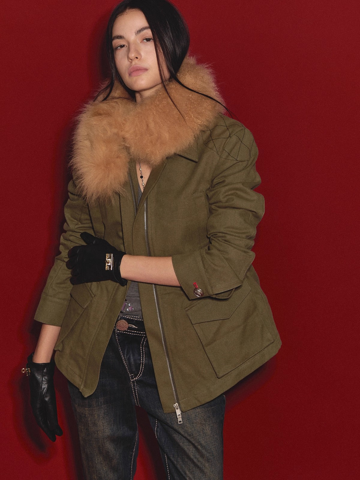 Diamond-Quilt Contrast Hunter Jacket