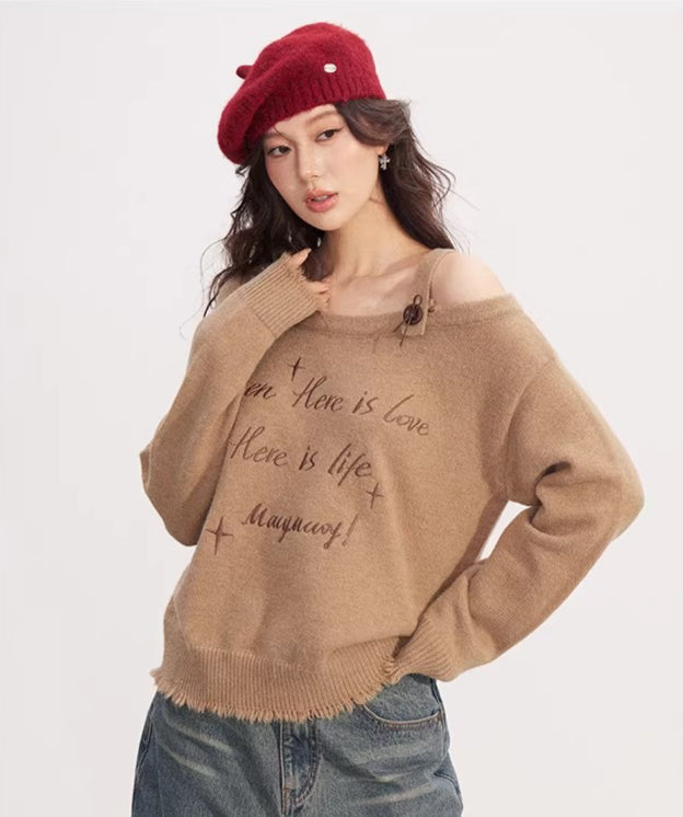 Off Shoulder Embroidered Distressed Sweater