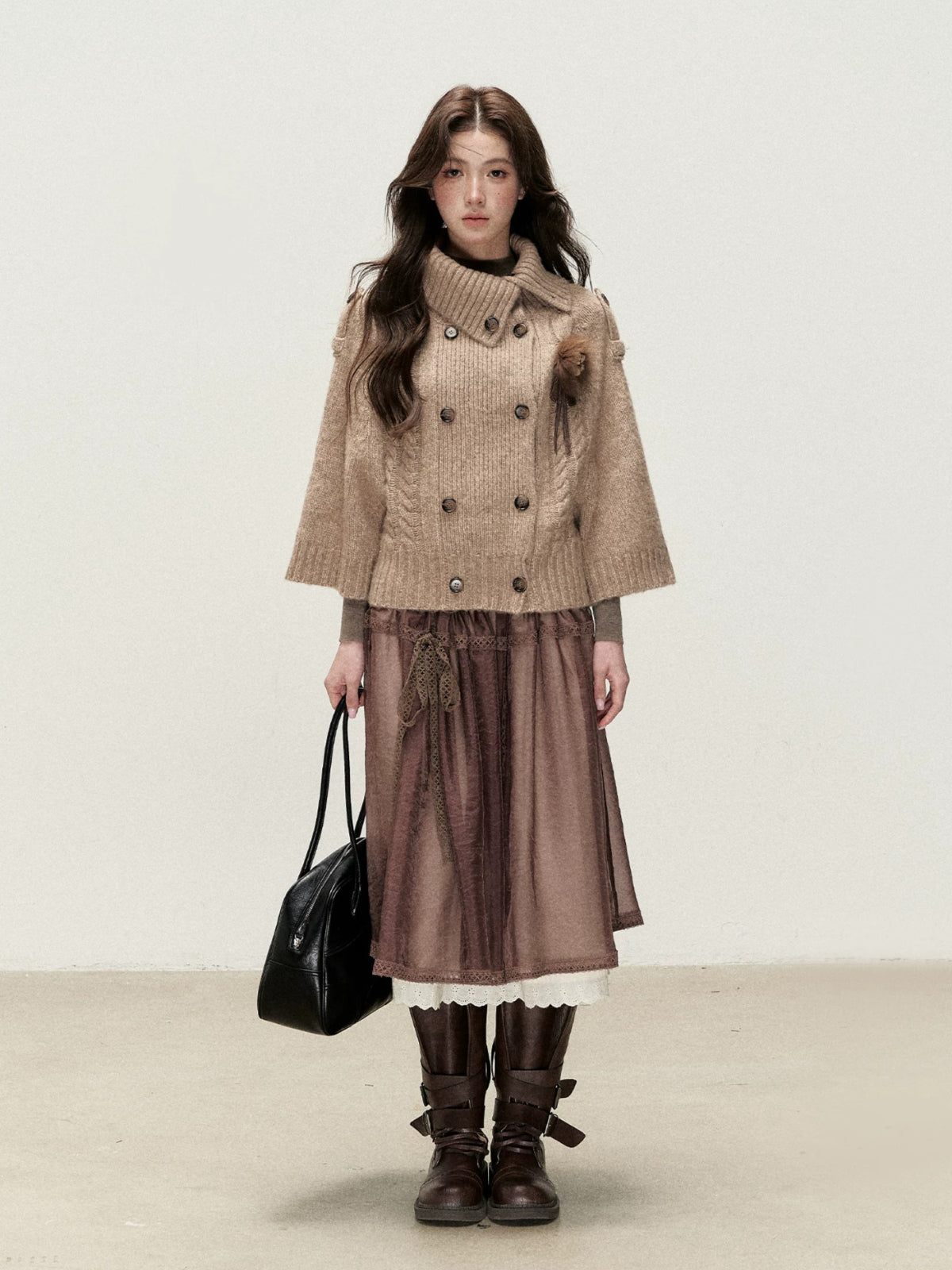 Vintage Cocoa Lace Layered Midi Skirt