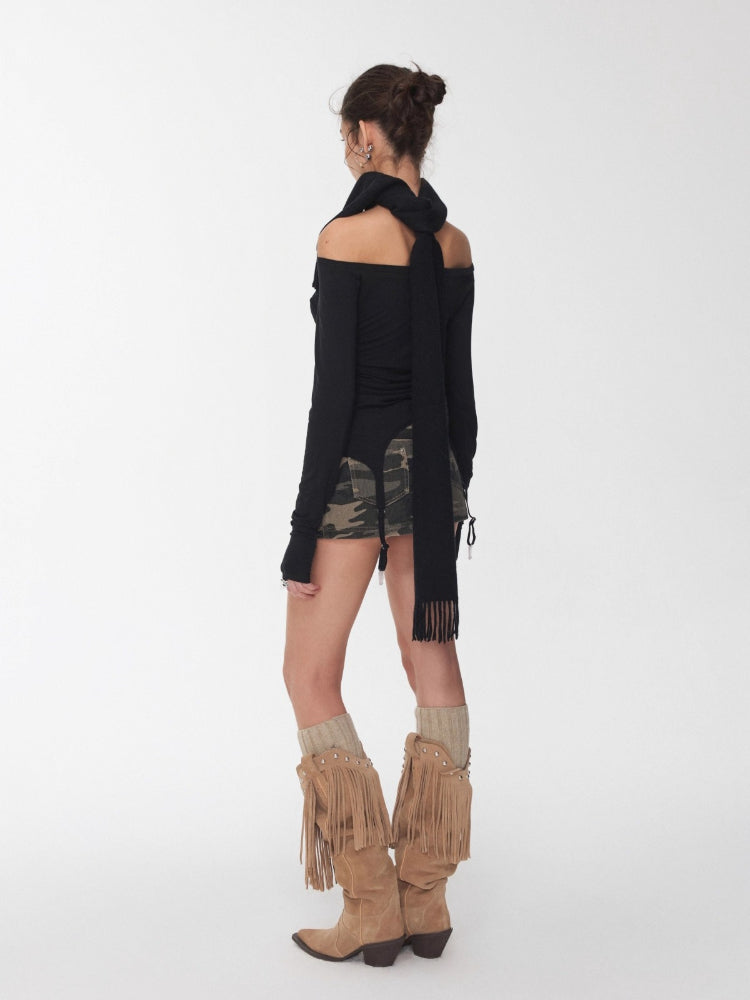 Garter Rhinestone Ruched Knit Top