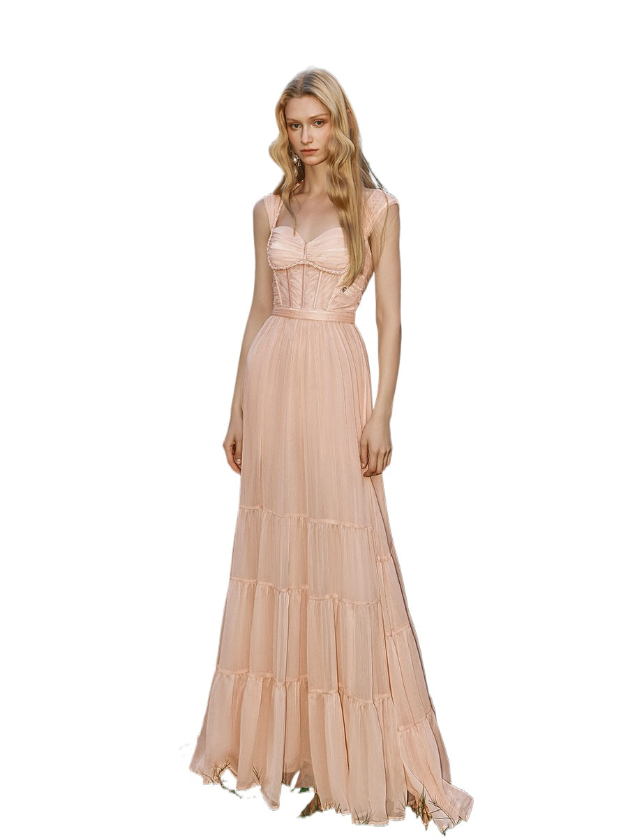 Tia Beaded Crochet Pleated Mesh Halter  Dress