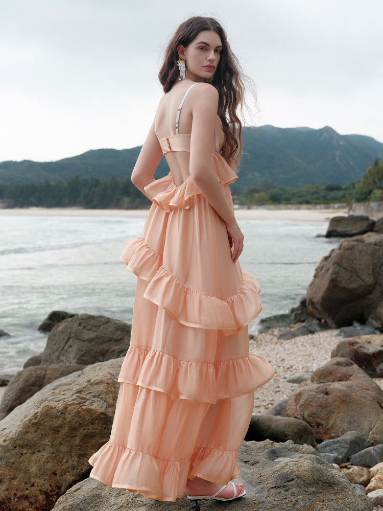 Ruffled Spaghetti Strap Backless Dress