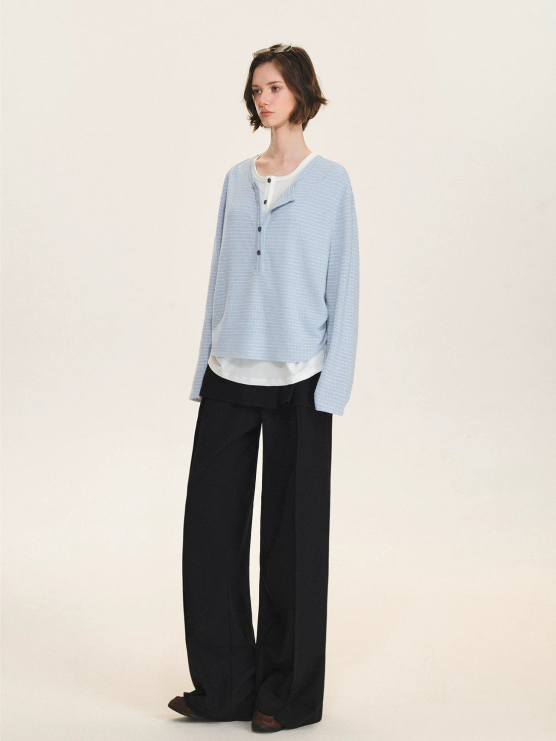 Layered Striped Henley Ruched Top