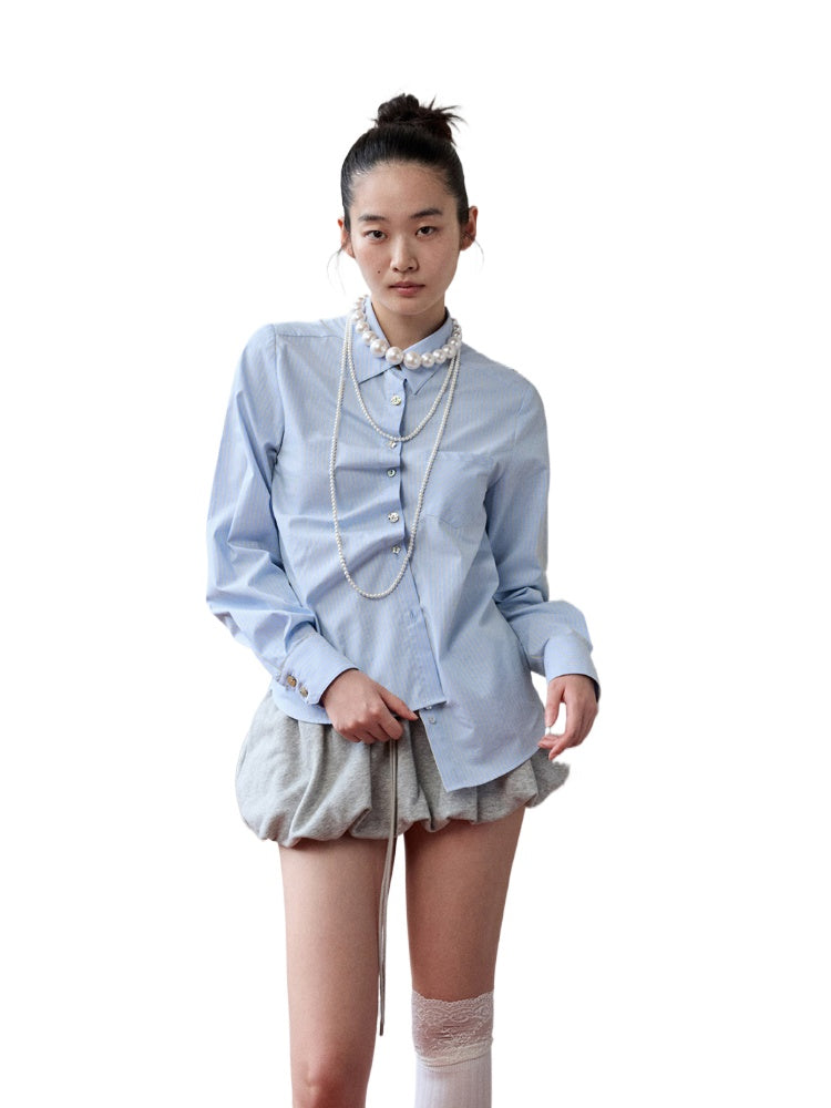 Solid Color Shell Button Fitted Shirt