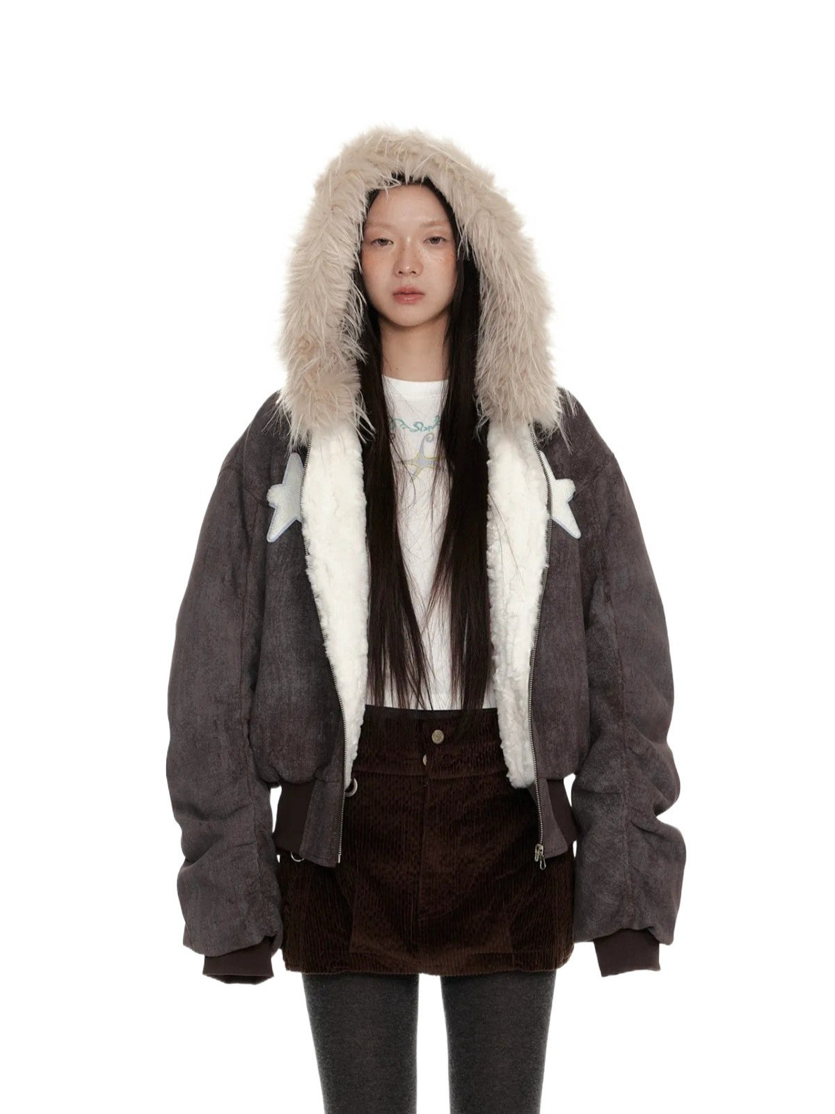 Distressed Fur Hooded Padded Jacket