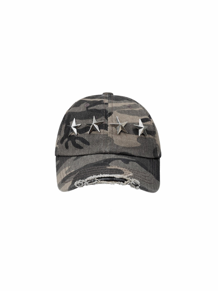 Distressed Star Studded Camouflage Baseball Cap