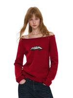Car Motif Off Shoulder Sweater