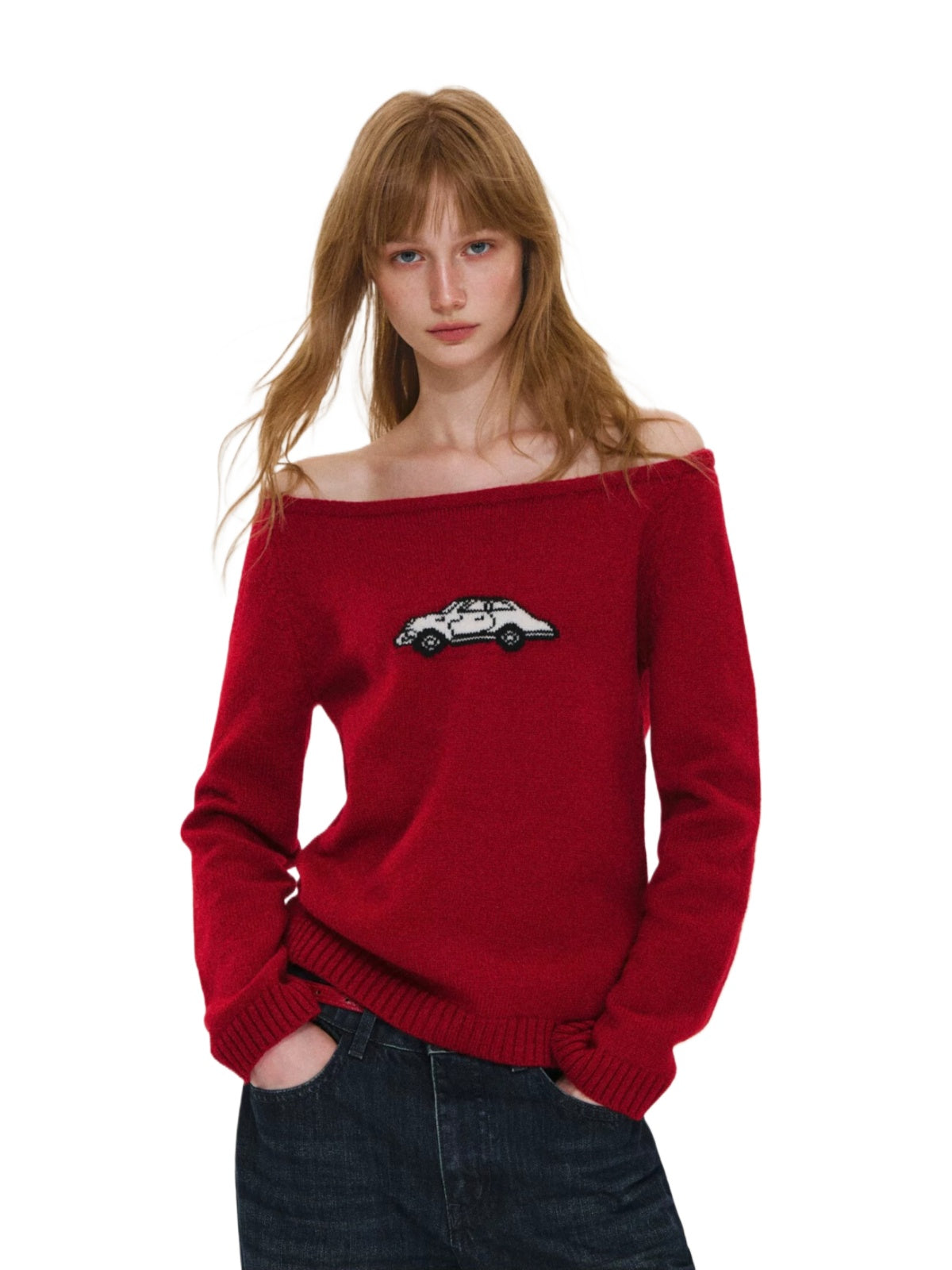 Car Motif Off Shoulder Sweater