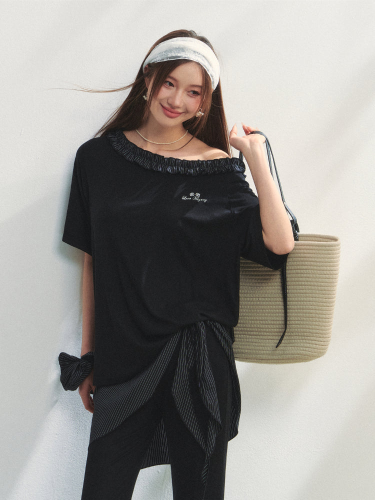 Checkered Asymmetric Shoulder Short-Sleeve T-Shirt &amp; Pants Set