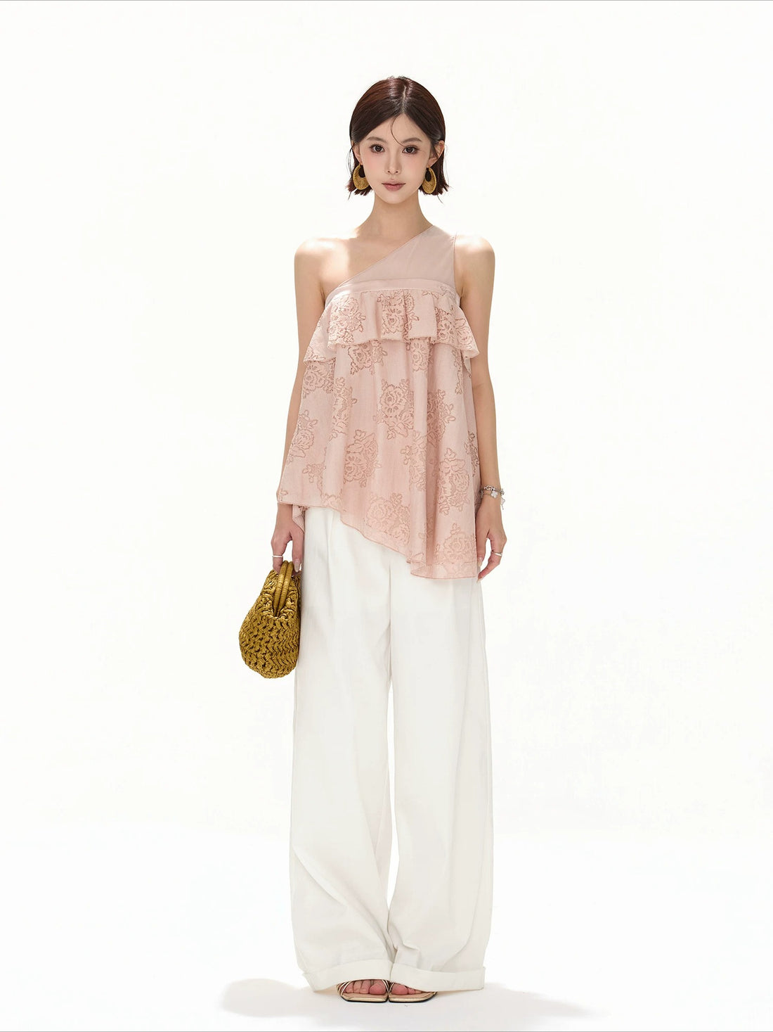 Mesh One-Shoulder Lace Top