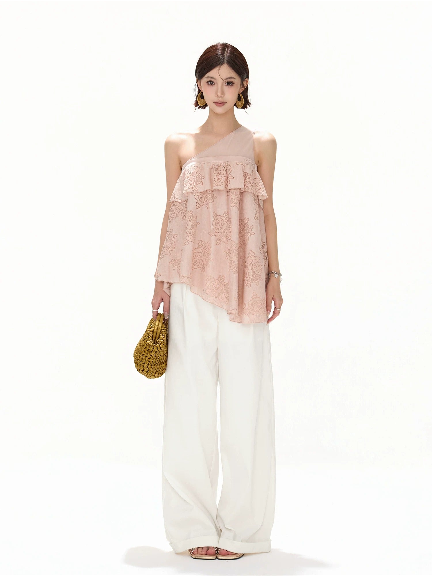 Mesh One-Shoulder Lace Top