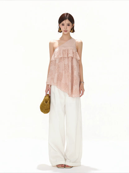 Mesh One-Shoulder Lace Top