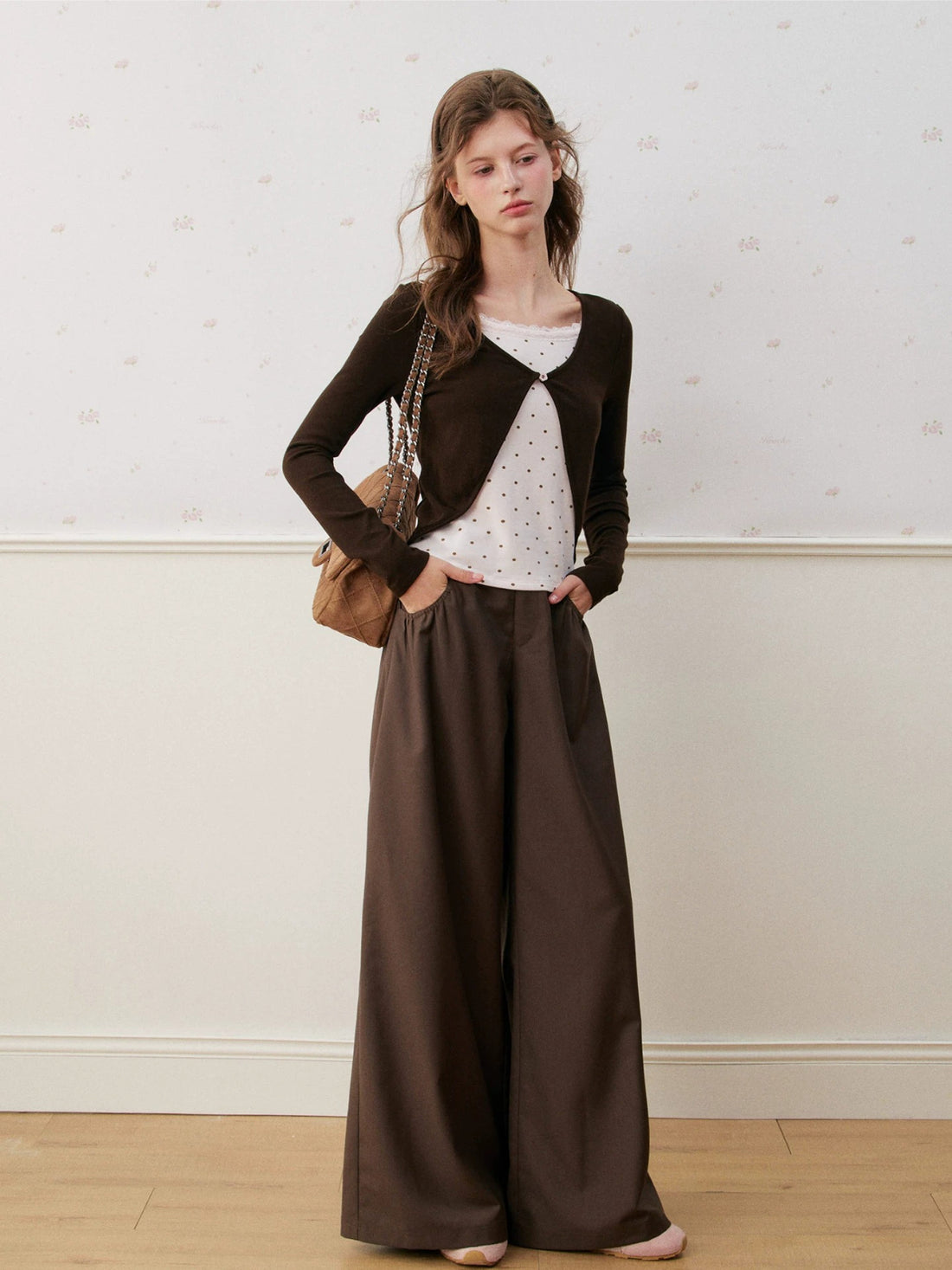 Rose Canele Contrast Polka Dot Knit Top