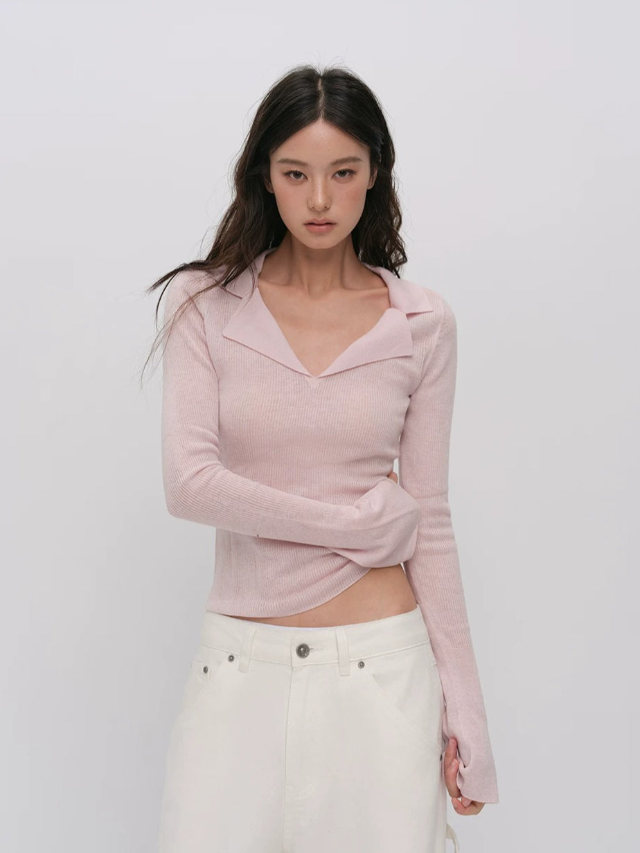 Ribbed Wool Polo Top