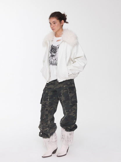 Embroidered Faux Fur Collar Leather Jacket