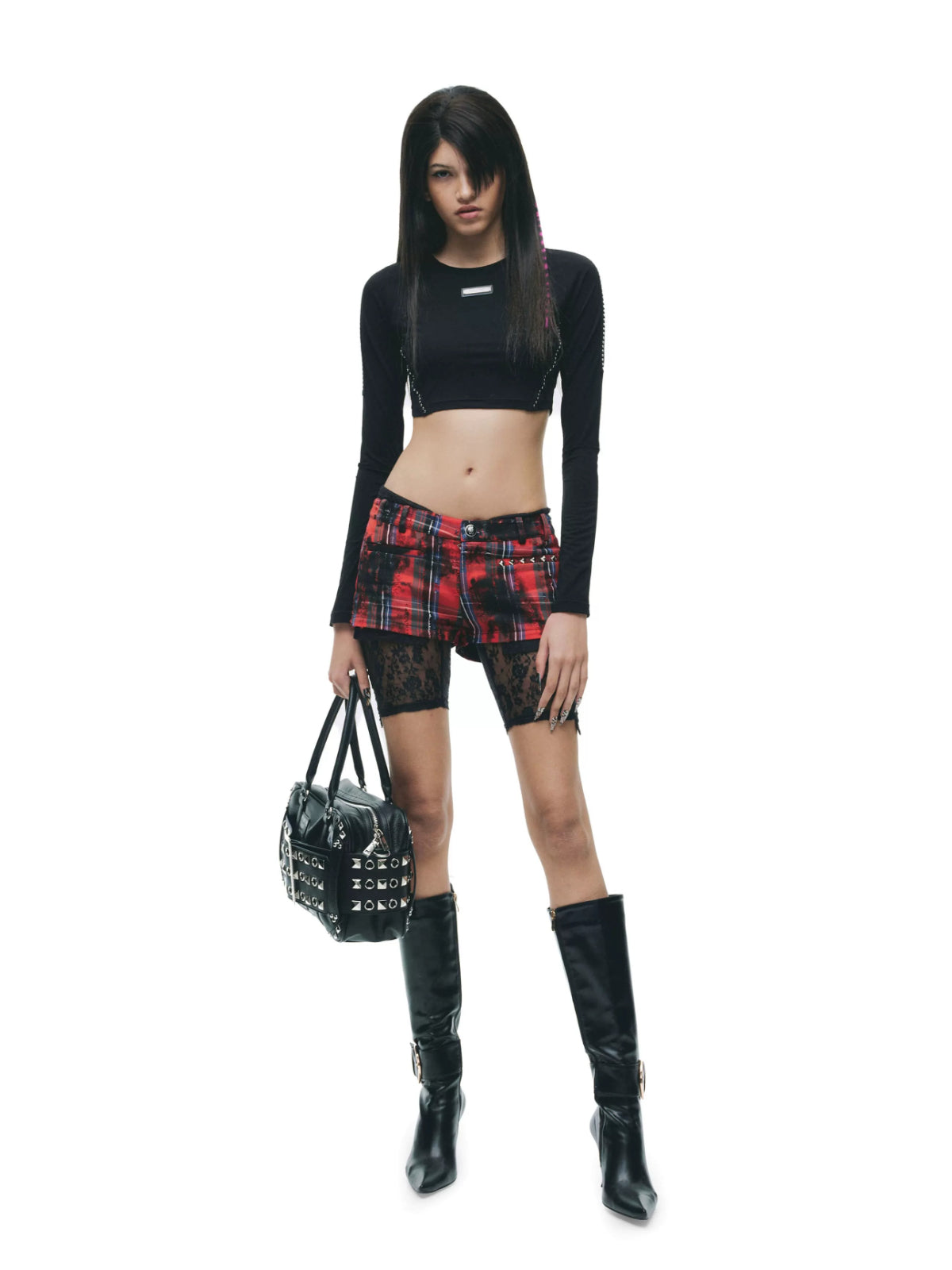 Studded Contrast Stitch Cropped Top