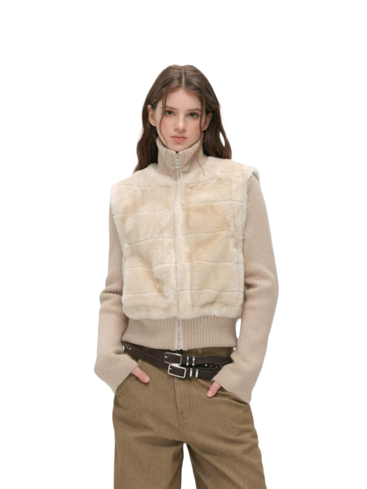Faux Fur Ribbed Knit Patchwork Jacket