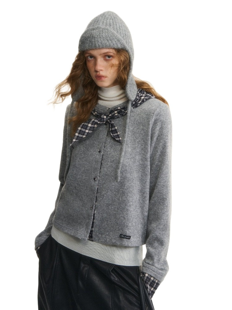 Wool Blend Plaid Tie Cardigan