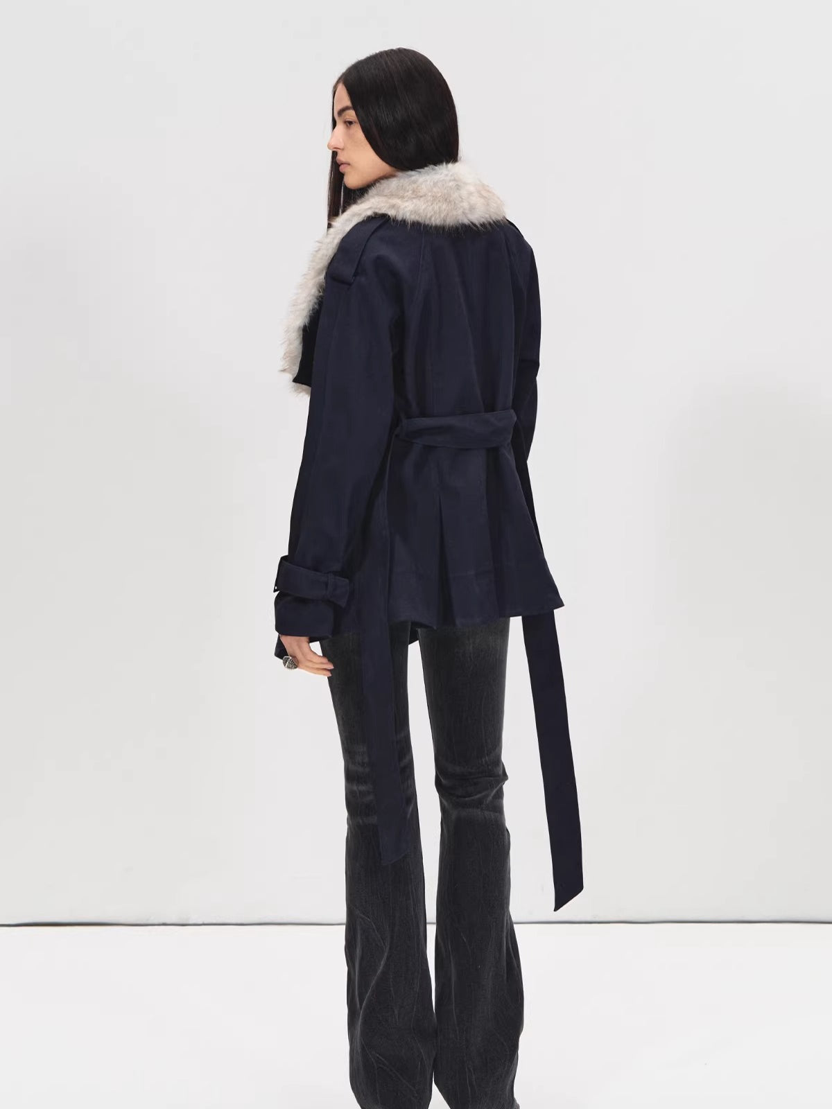 Navy Blue Suede Trench Coat