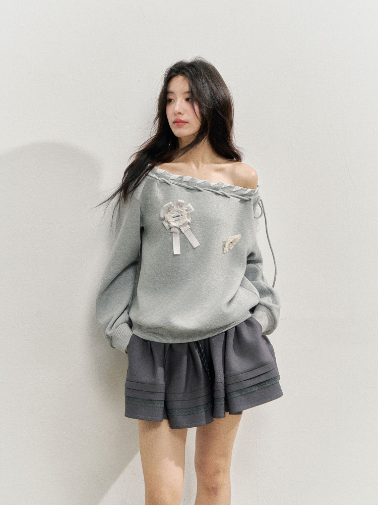 Off The Shoulder Brooch Sweatshirt