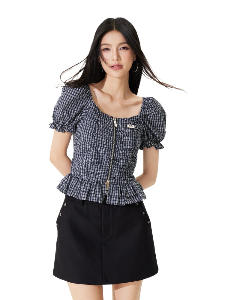 Puff Sleeve One-Word Collar Plaid Top