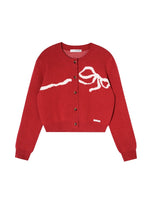 Bow Jacquard Crewneck Knit Cardigan