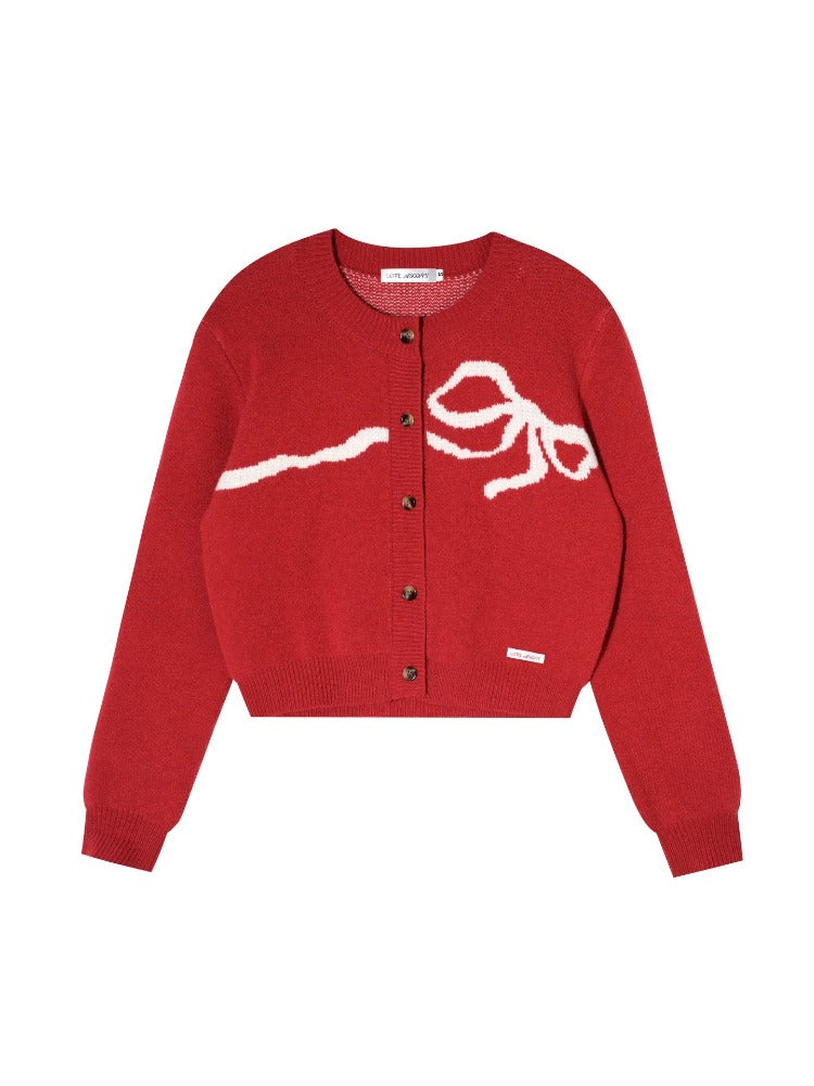 Bow Jacquard Crewneck Knit Cardigan