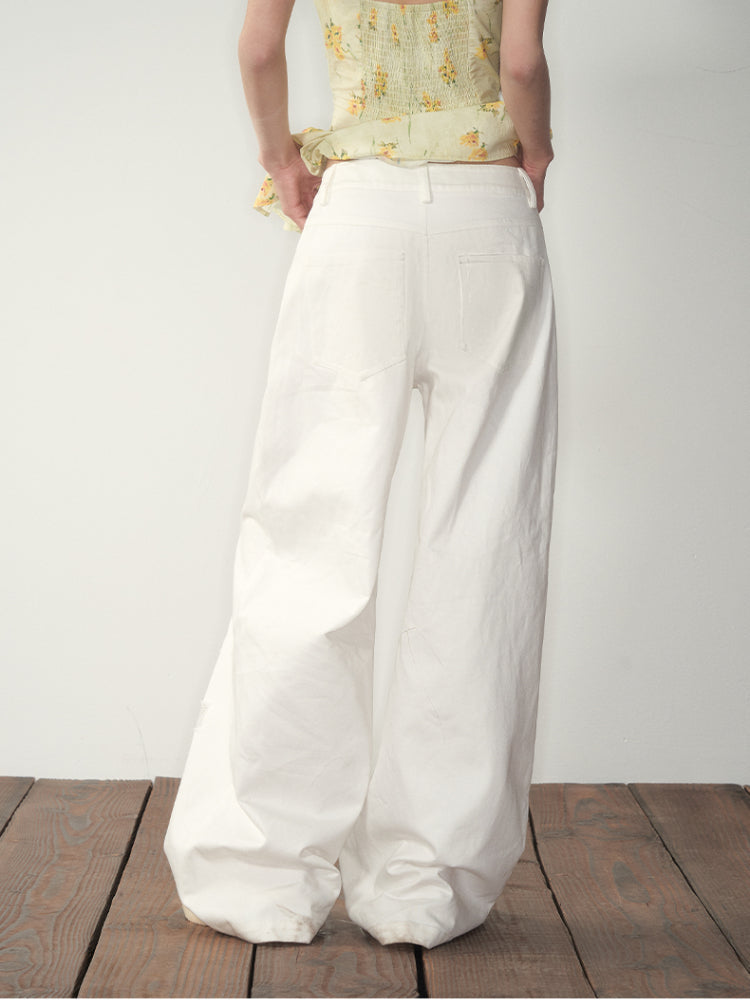 White Lace Splicing Denim Wide-Leg Pants
