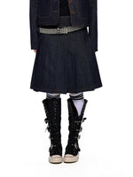 Vintage Denim Collar Pleated Skirt Set