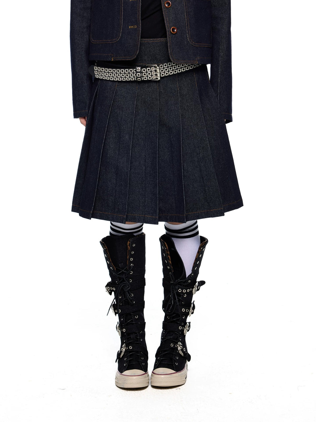 Vintage Denim Collar Pleated Skirt Set
