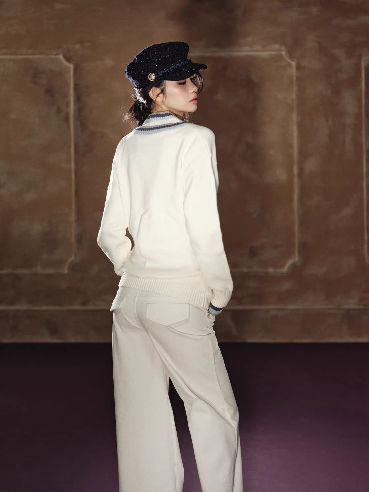 Contrast Double-V Sweater
