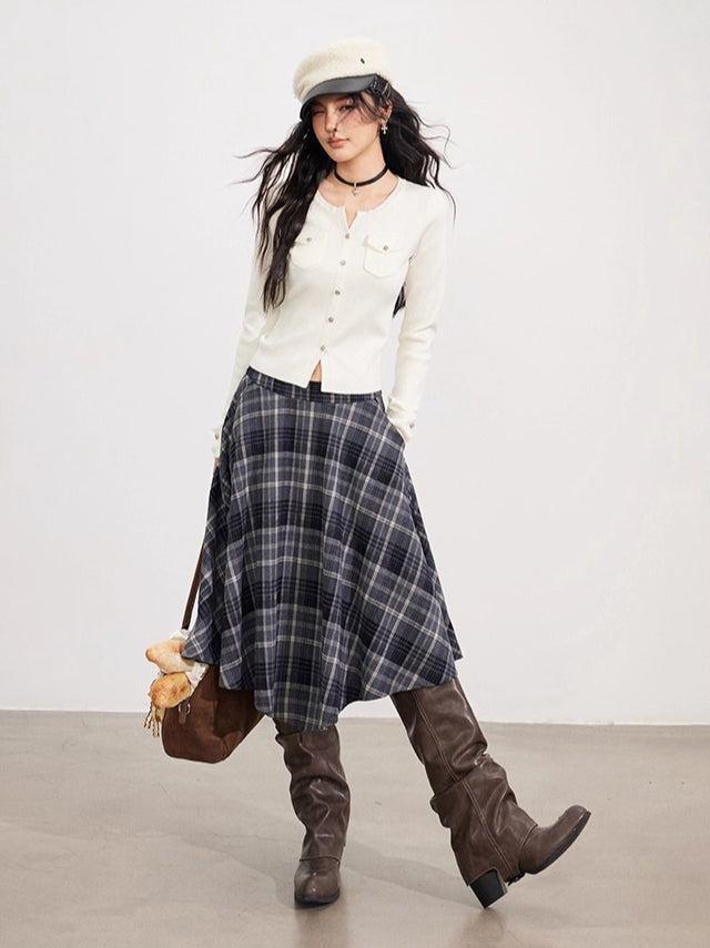 Navy Blue Plaid Wool Skirt