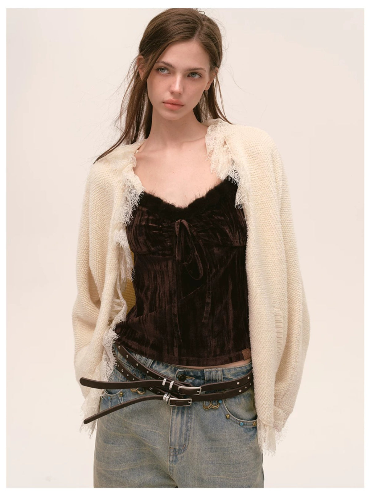 Velvet Fur-Trimmed Tie Front Camisole