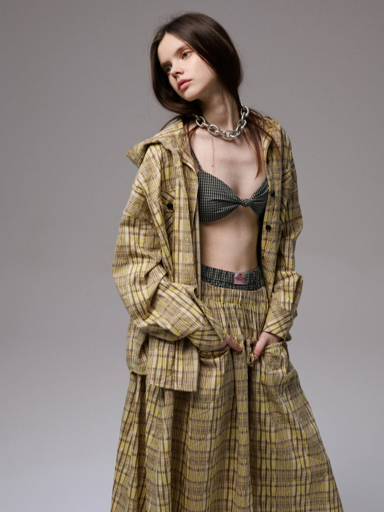 Plaid Hooded Shirt &amp; Skirt &amp; Pants Set
