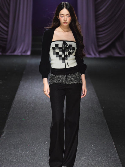 Contrast Waistband Tweed-Panel Straight Pants