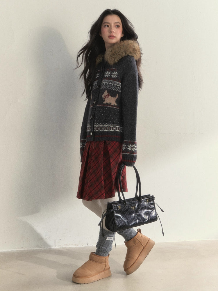 Fair Isle Dog Fur-Collar Cardigan