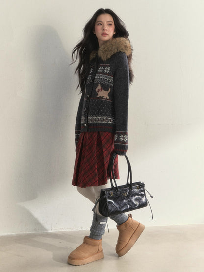 Fair Isle Dog Fur-Collar Cardigan
