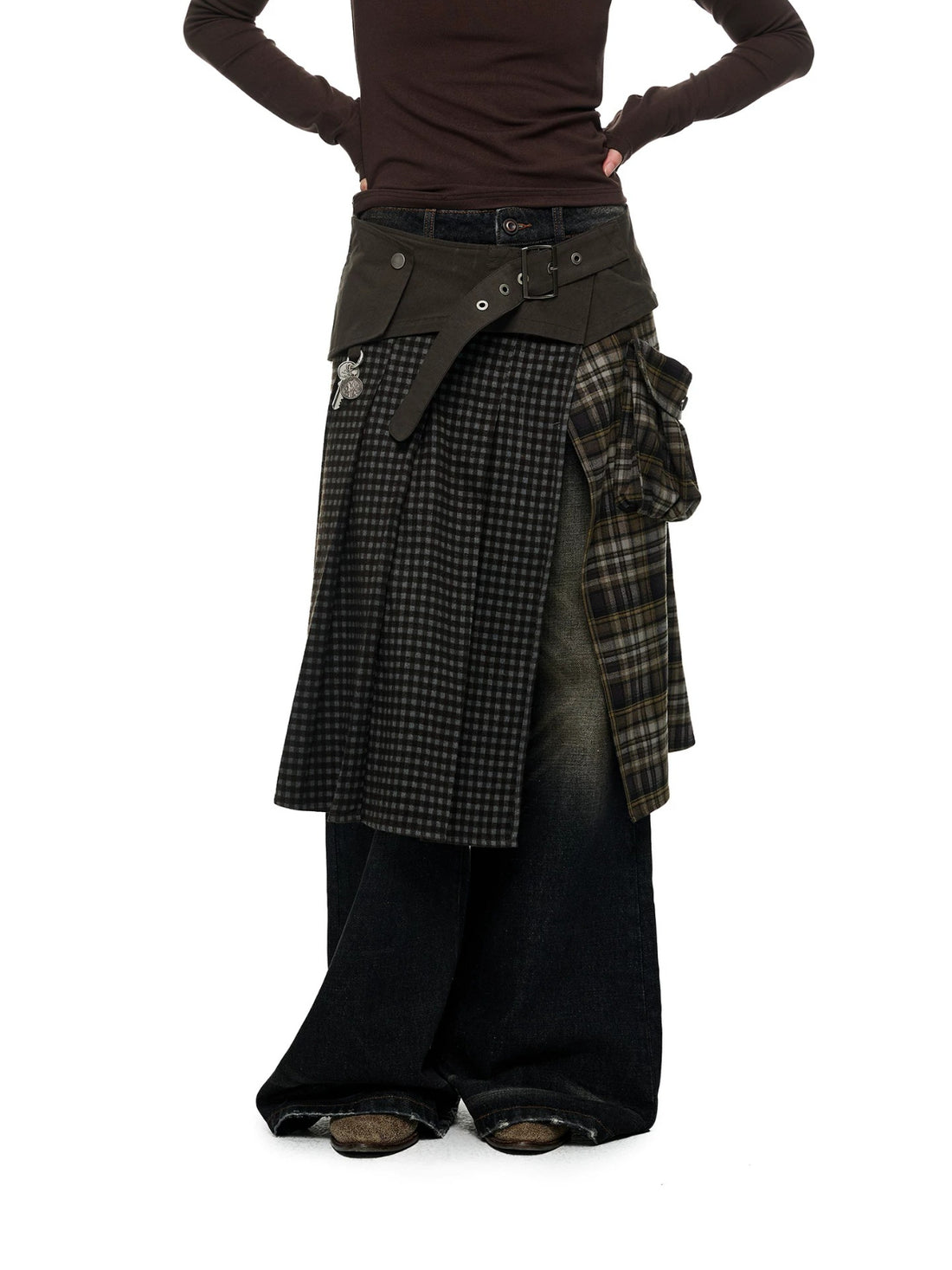 Plaid Panel Utility Midi Skirt