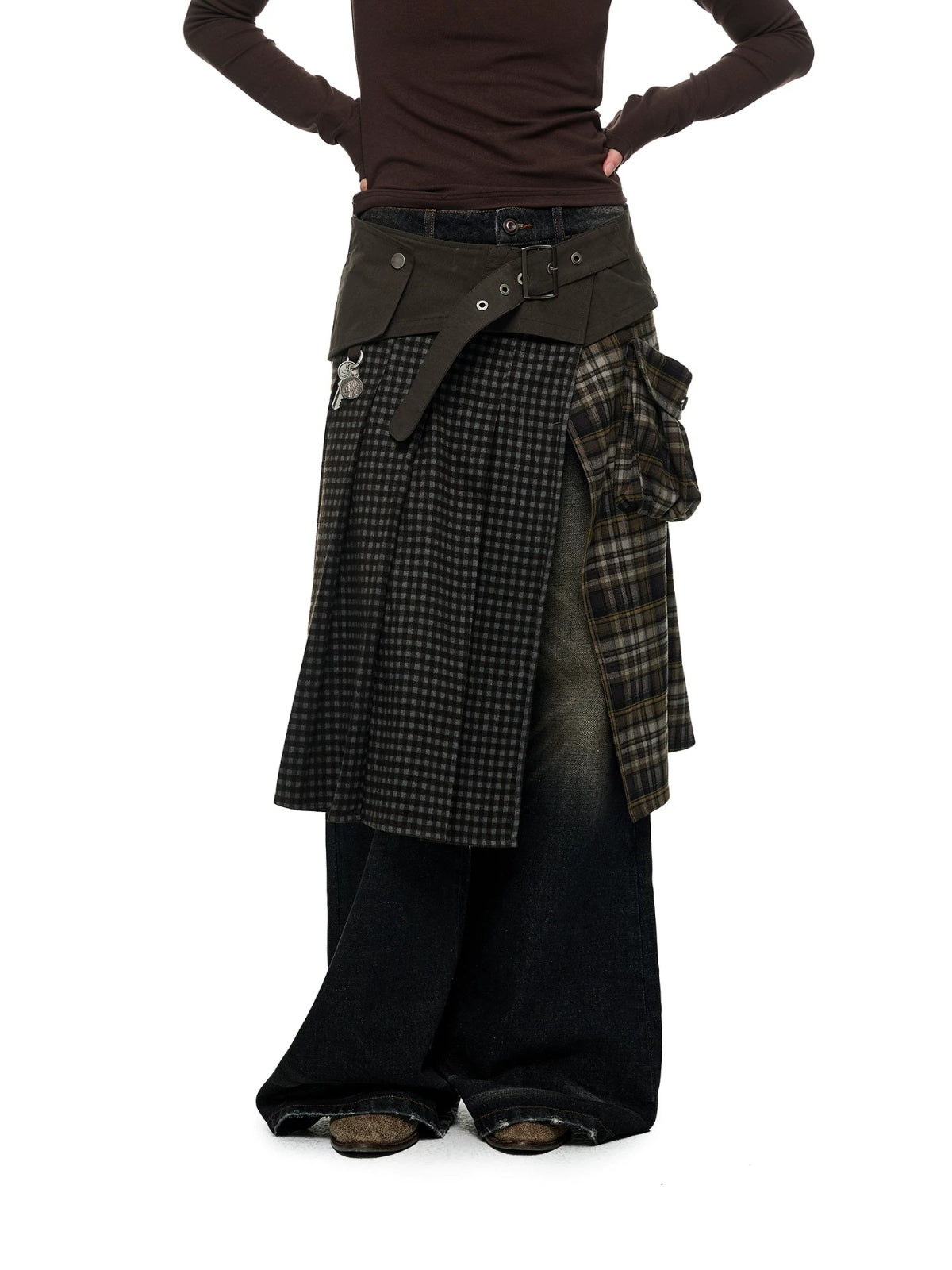 Plaid Panel Utility Midi Skirt