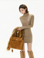 Camel Lace High Neck Knit Dress