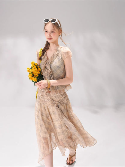 Plaid Chiffon Ruffle Set