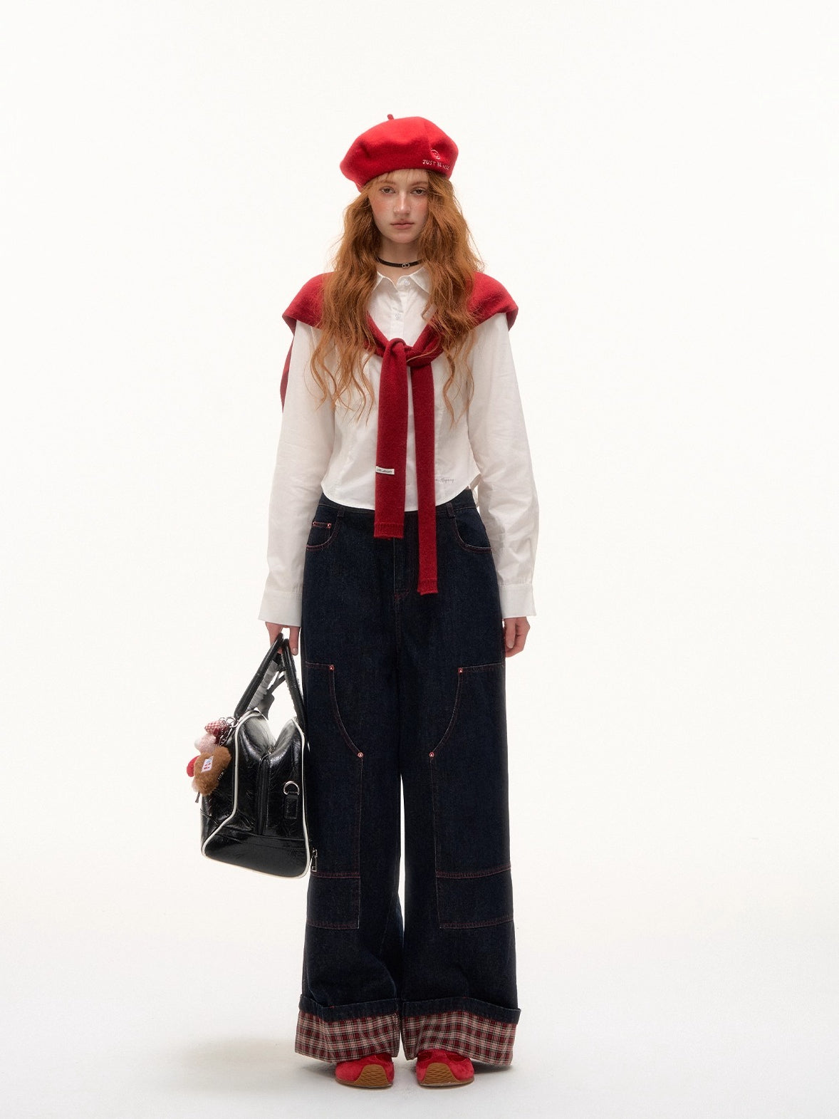 Yellow &amp; Red Plaid Hem Denim Pants