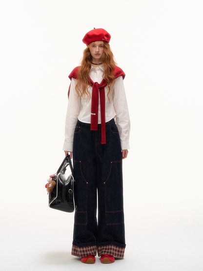 Yellow &amp; Red Plaid Hem Denim Pants