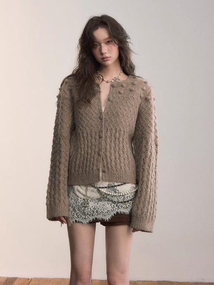 Pom-Pom Textured Knit Cardigan