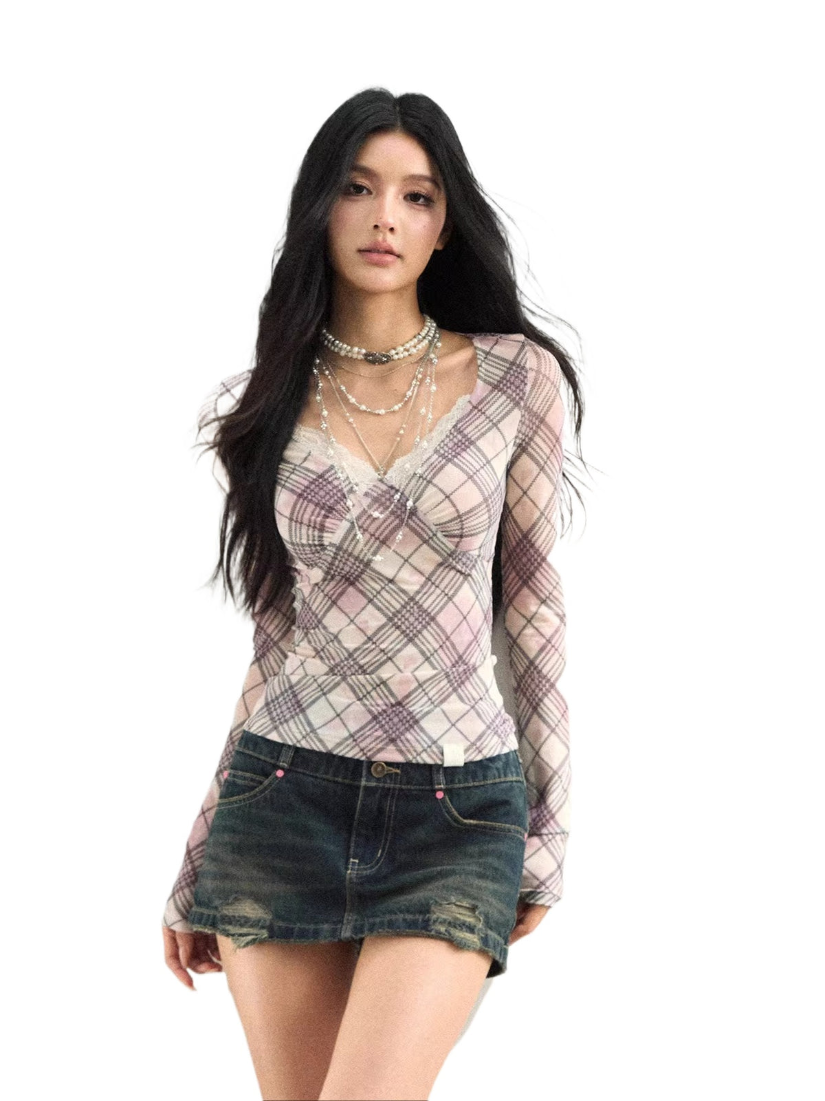 Plaid Mesh Lace Tee