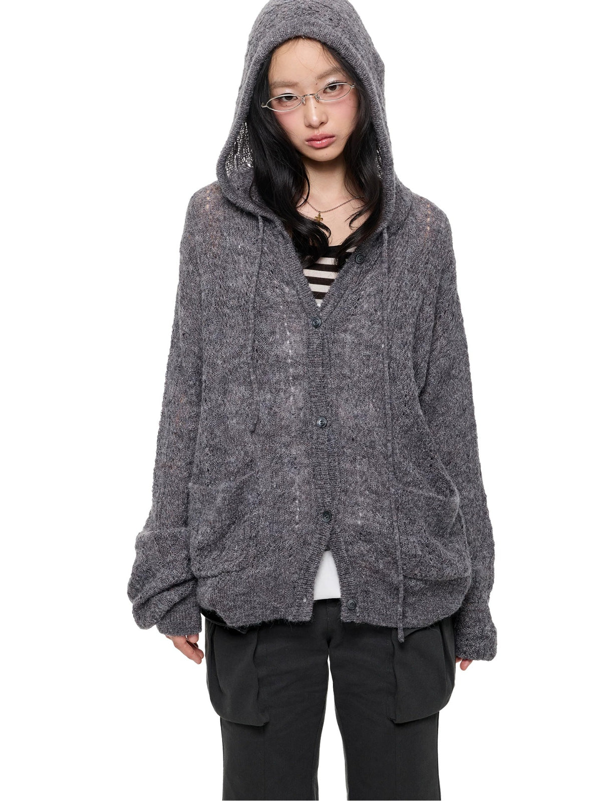 Hooded Mohair Blend Knit Cardigan